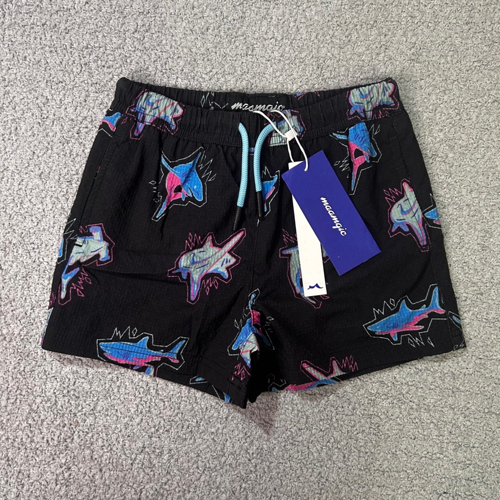 Maamgic Swim Trunks Shark Print 4T Black Neon Beach Pool Vacation‎ Summer Vibes